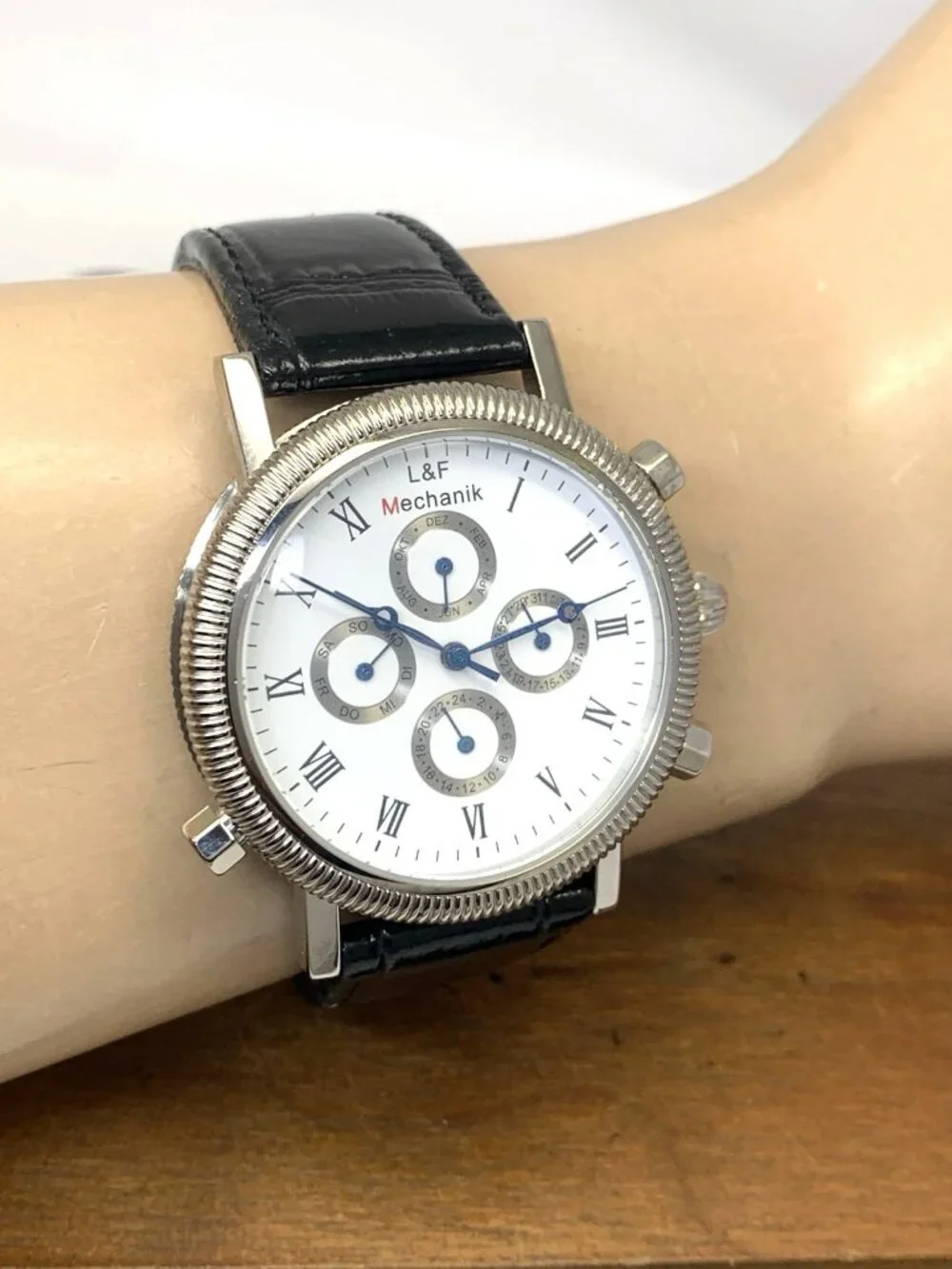 L&F Mechanik Men's Watch Automatic White Dial Con Edge Case Black Leather 43mm